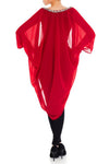 Model wearing red kimono with sparkling crystal petals facing backwards